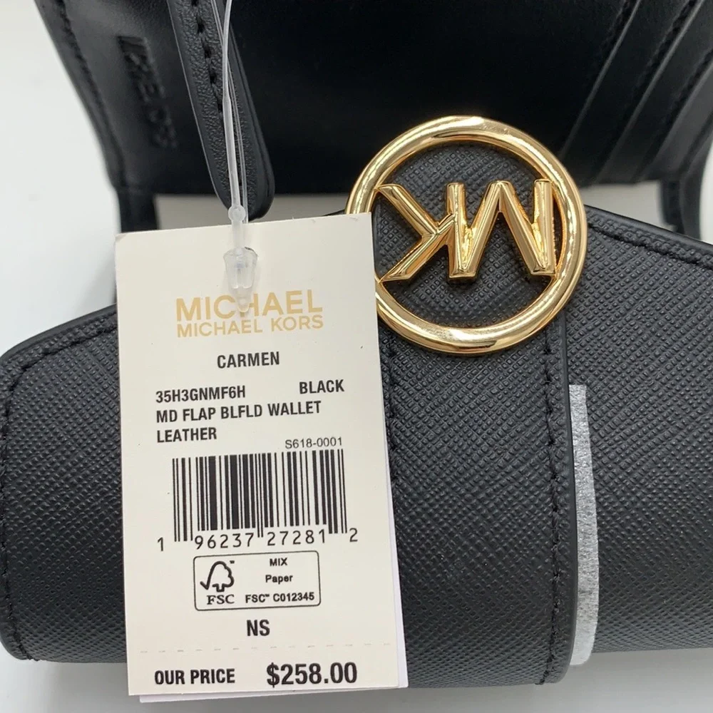 MICHAEL KORS Carmen Medium Flap Bifold Faux Fur-Leather Wallet BLACK COLOR